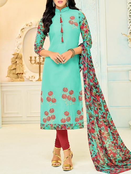 turquoise chanderi cotton unstitched suit - 14499798 - Very Small Image - 1