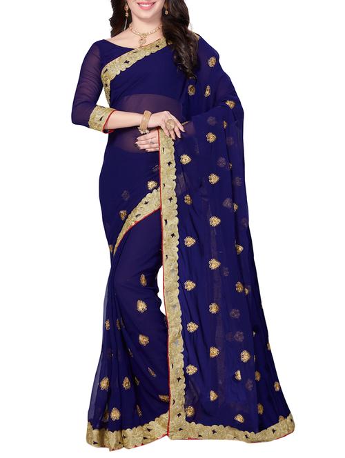 navy blue embroidered saree with blouse - 14502906 - Very Small Image - 1