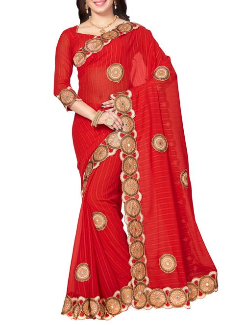 red chiffon embroidered saree with blouse - 14502910 - Very Small Image - 1