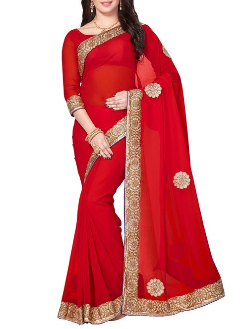 red faux georgette embroidered saree with blouse - 14502913 - Very Small Image - 1