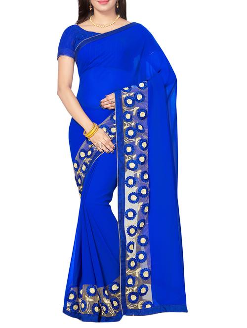 royal blue bordered saree with blouse - 14502918 - Very Small Image - 1