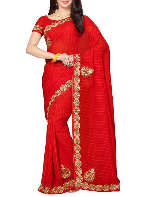 red chiffon embroidered saree with blouse - 14502919 - Very Small Image - 1