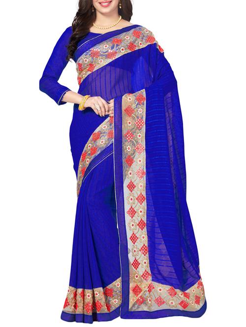 royal blue bordered saree with blouse - 14502921 - Very Small Image - 1
