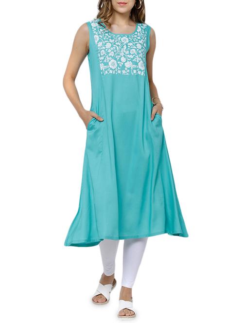 turquoise rayon flared kurta - 14504067 - Very Small Image - 1