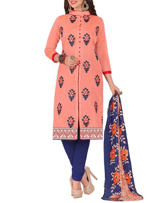 peach chanderi cotton churidaar suit dress material - 14505347 - Very Small Image - 1