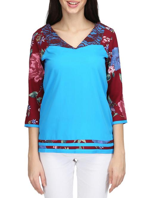 floral sleeved mesh panel top - 14506334 - Very Small Image - 1