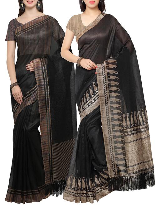 set of 2 black tussar silk bordered saree with blouse - 14509821 - Very Small Image - 1