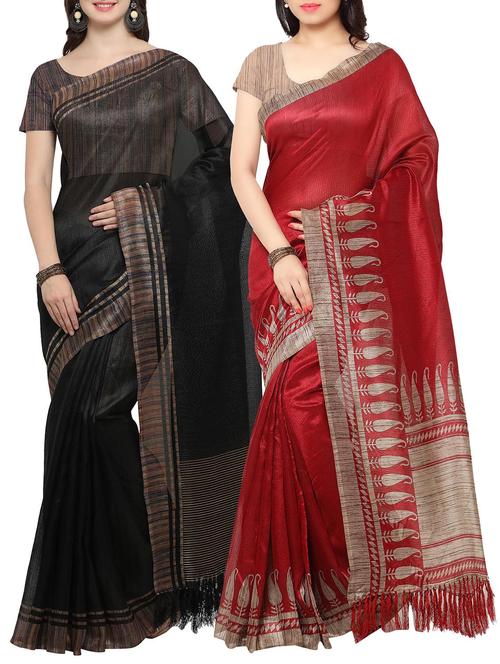set of 2 multicolored tussar silk bordered saree with blouse - 14509822 - Very Small Image - 1