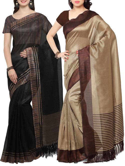 set of 2 multicolored tussar silk bordered saree with blouse - 14509824 - Very Small Image - 1