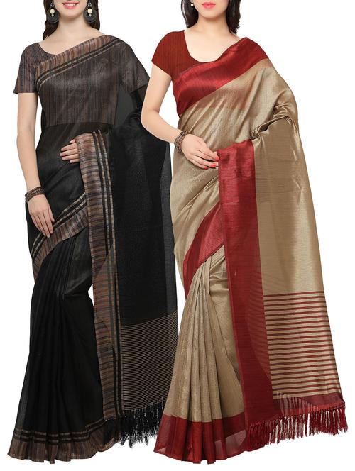 set of 2 multicolored tussar silk bordered saree with blouse - 14509825 - Very Small Image - 1