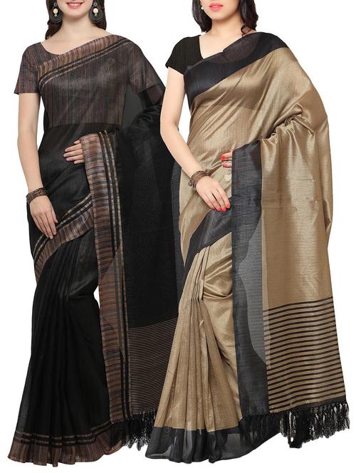 set of 2 multicolored tussar silk bordered saree with blouse - 14509826 - Very Small Image - 1