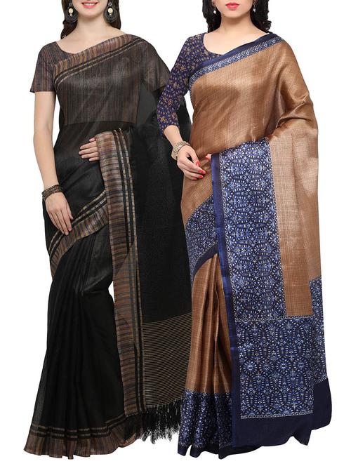 set of 2 multicolored tussar silk bordered saree with blouse - 14509841 - Very Small Image - 1