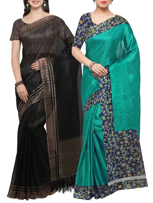 set of 2 multicolored tussar silk bordered saree with blouse - 14509848 - Very Small Image - 1