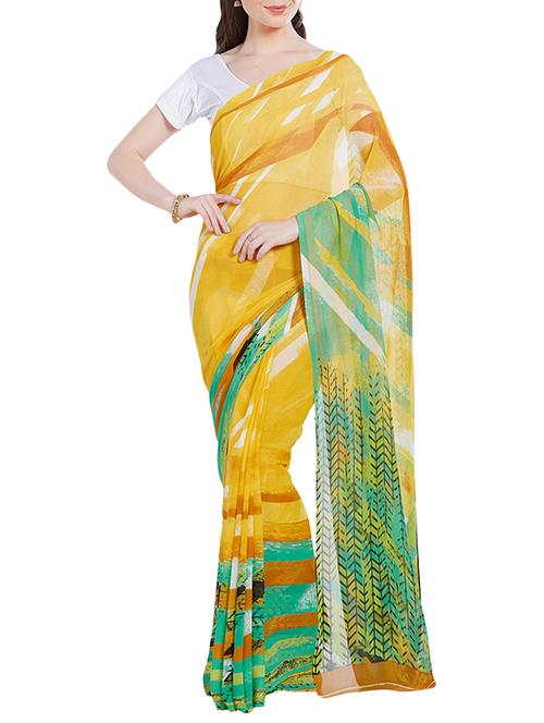 yellow georgette printed saree with blouse - 14512570 - Very Small Image - 1