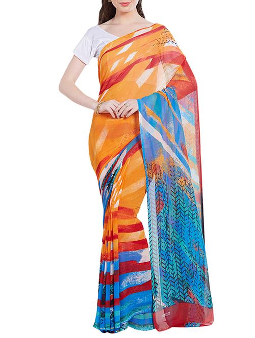 orange georgette printed saree with blouse - 14512571 - Very Small Image - 1