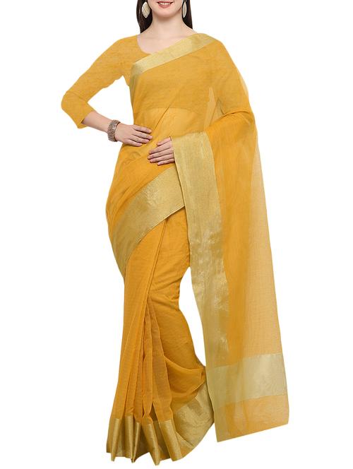 yellow linen maheshwari saree with blouse - 14513461 - Very Small Image - 1