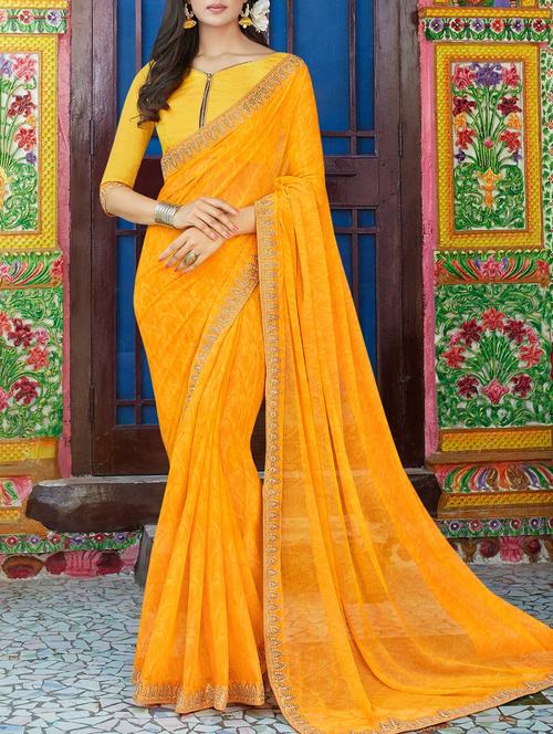 yellow printed saree - 14513517 - Very Small Image - 1