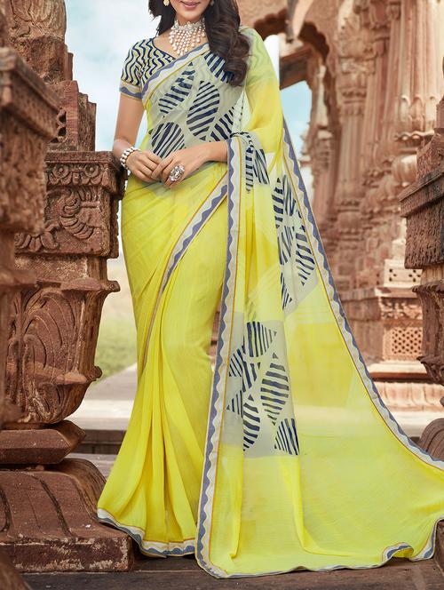 yellow chiffon printed saree - 14513541 - Very Small Image - 1
