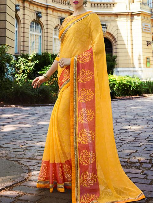yellow satin printed saree - 14513556 - Very Small Image - 1