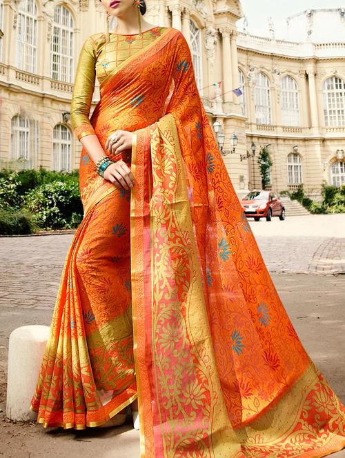 orange cotton printed saree - 14513557 - Very Small Image - 1