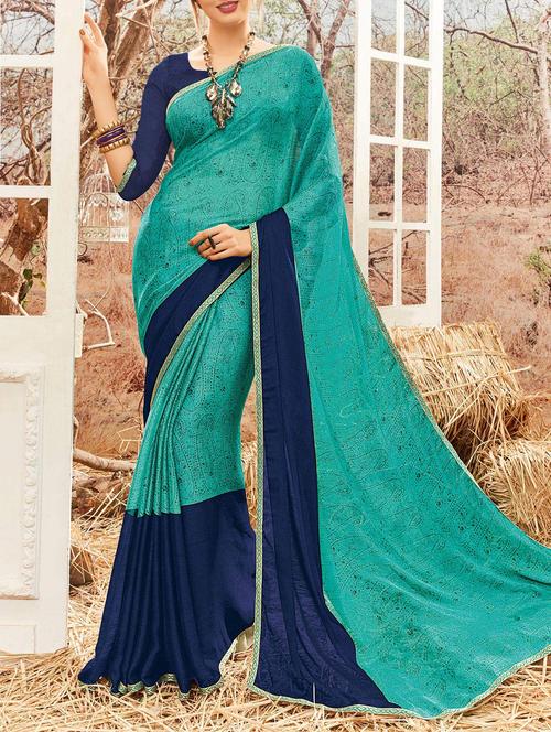 turquoise chiffon printed saree - 14513567 - Very Small Image - 1