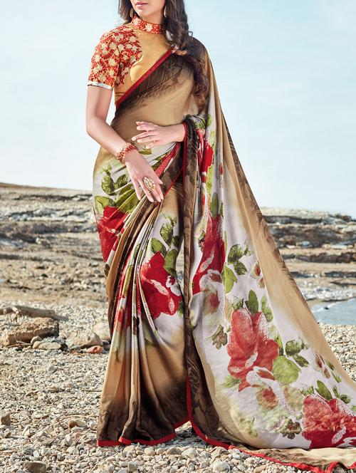 brown printed saree with blouse - 14513590 - Very Small Image - 1
