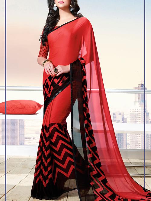 red printed saree - 14513607 - Very Small Image - 1