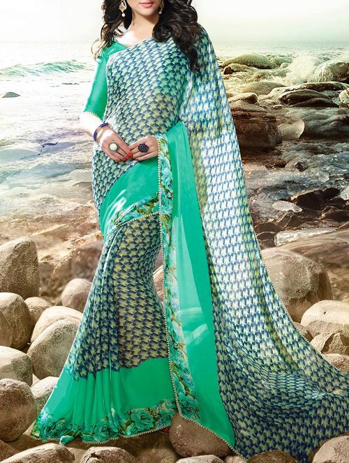 green printed saree - 14513617 - Very Small Image - 1
