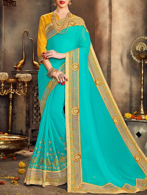 turquoise georgette embroidered saree with blouse - 14518386 - Very Small Image - 1
