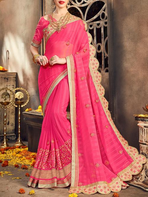 pink georgette embroidered saree with blouse - 14518389 - Very Small Image - 1