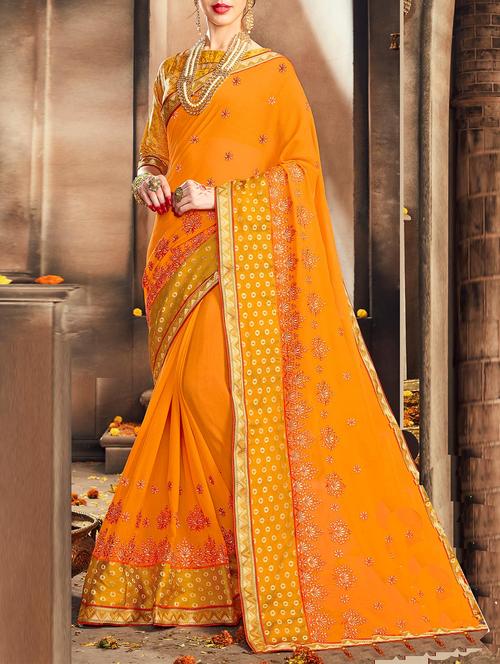 yellow embroidered saree with blouse - 14518391 - Very Small Image - 1