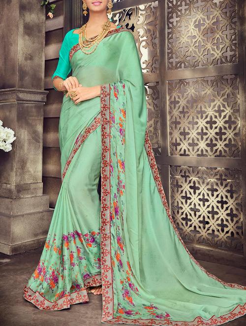 green satin printed saree with blouse - 14518395 - Very Small Image - 1