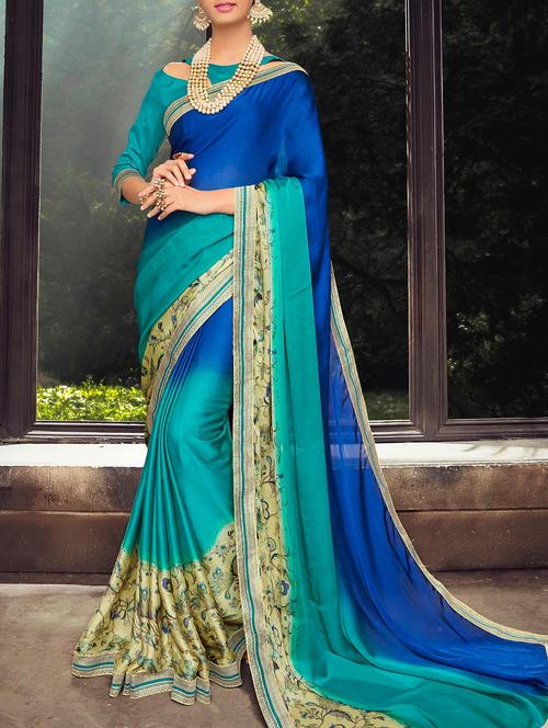 blue satin printed saree with blouse - 14518598 - Very Small Image - 1