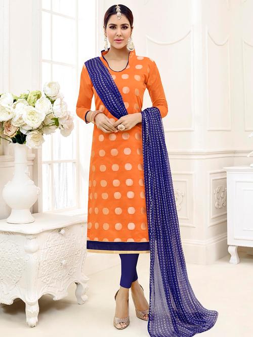 orange chanderi cotton unstitched dress material - 14518968 - Very Small Image - 1