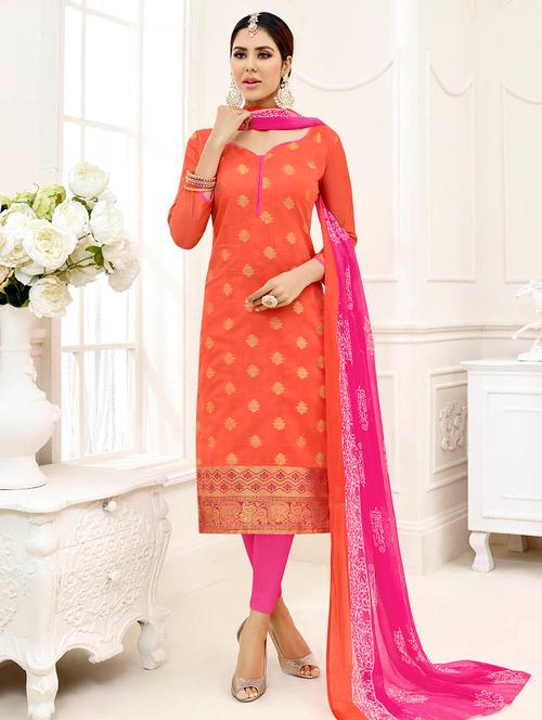 orange chanderi cotton unstitched dress material - 14518971 - Very Small Image - 1