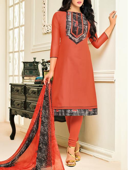 orange chanderi cotton churidaar suits dress material - 14519226 - Very Small Image - 1