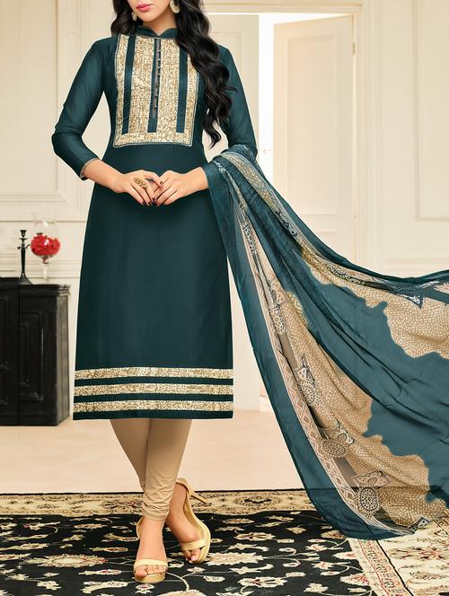 turquoise chanderi cotton churidaar suits dress material - 14519231 - Very Small Image - 1