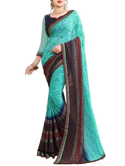 turquoise printed saree with blouse - 14521105 - Very Small Image - 1