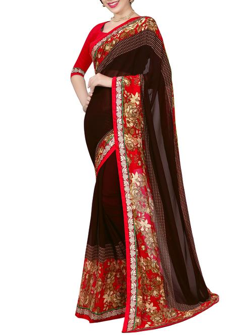 brown georgette printed saree with blouse - 14521130 - Very Small Image - 1