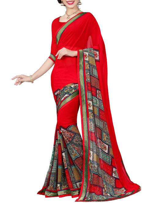 red georgette printed saree with blouse - 14521131 - Very Small Image - 1