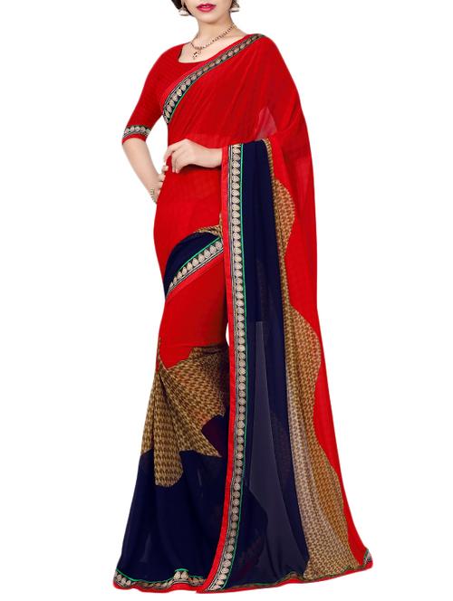 red georgette printed saree with blouse - 14521135 - Very Small Image - 1
