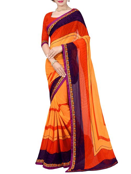 orange georgette printed saree with blouse - 14521138 - Very Small Image - 1