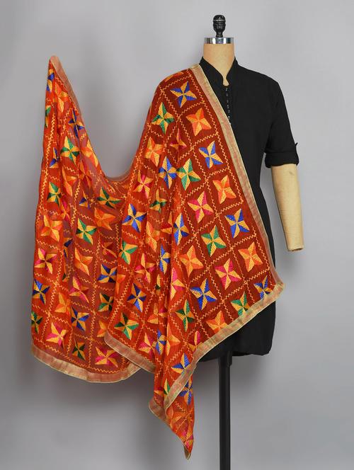 orange nylon phulkari dupatta - 14521693 - Very Small Image - 1