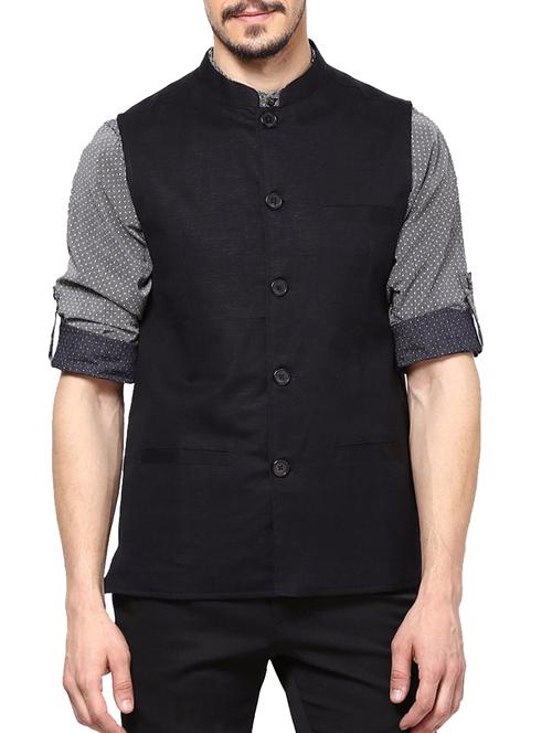 black cotton nehru jacket - 14530219 - Very Small Image - 1