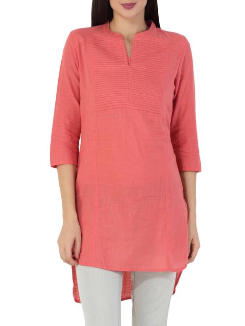 peach cotton high low kurta - 14530234 - Very Small Image - 1