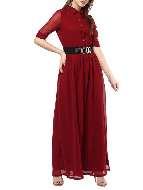 maroon solid belted maxi dress - 14531454 - Very Small Image - 1