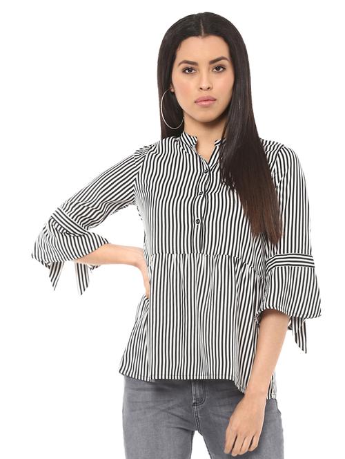 striped band collar flute sleeved top - 14531902 - Very Small Image - 1