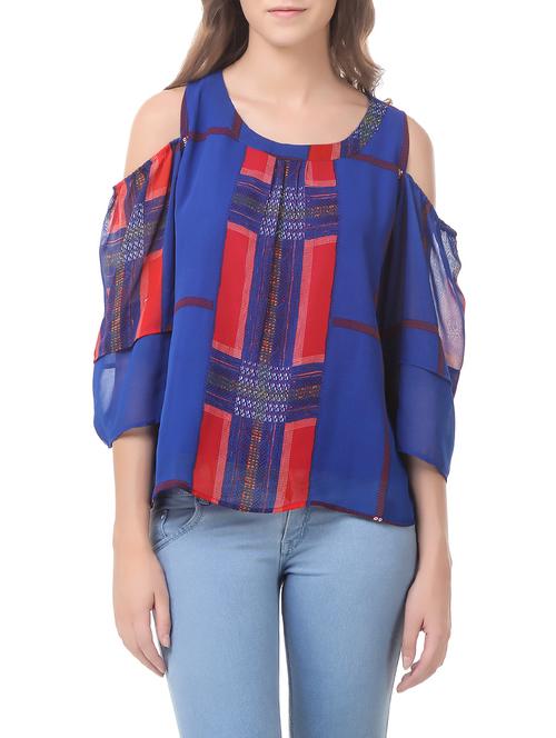 blue printed cold shoulder top - 14536196 - Very Small Image - 1