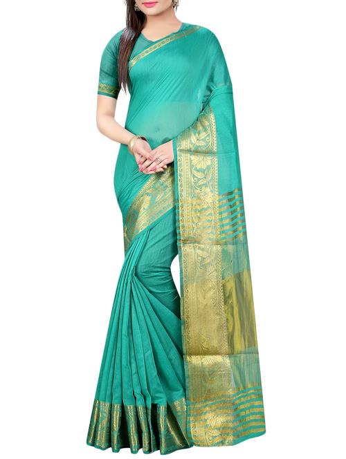 green cotton bordered saree with blouse - 14537541 - Very Small Image - 1