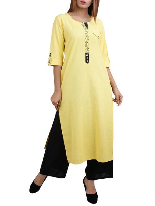 yellow cotton straight kurta - 14544250 - Very Small Image - 1